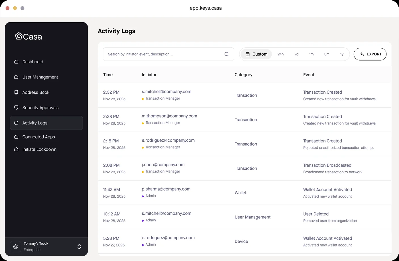 The Casa web dashboard's Activity Logs