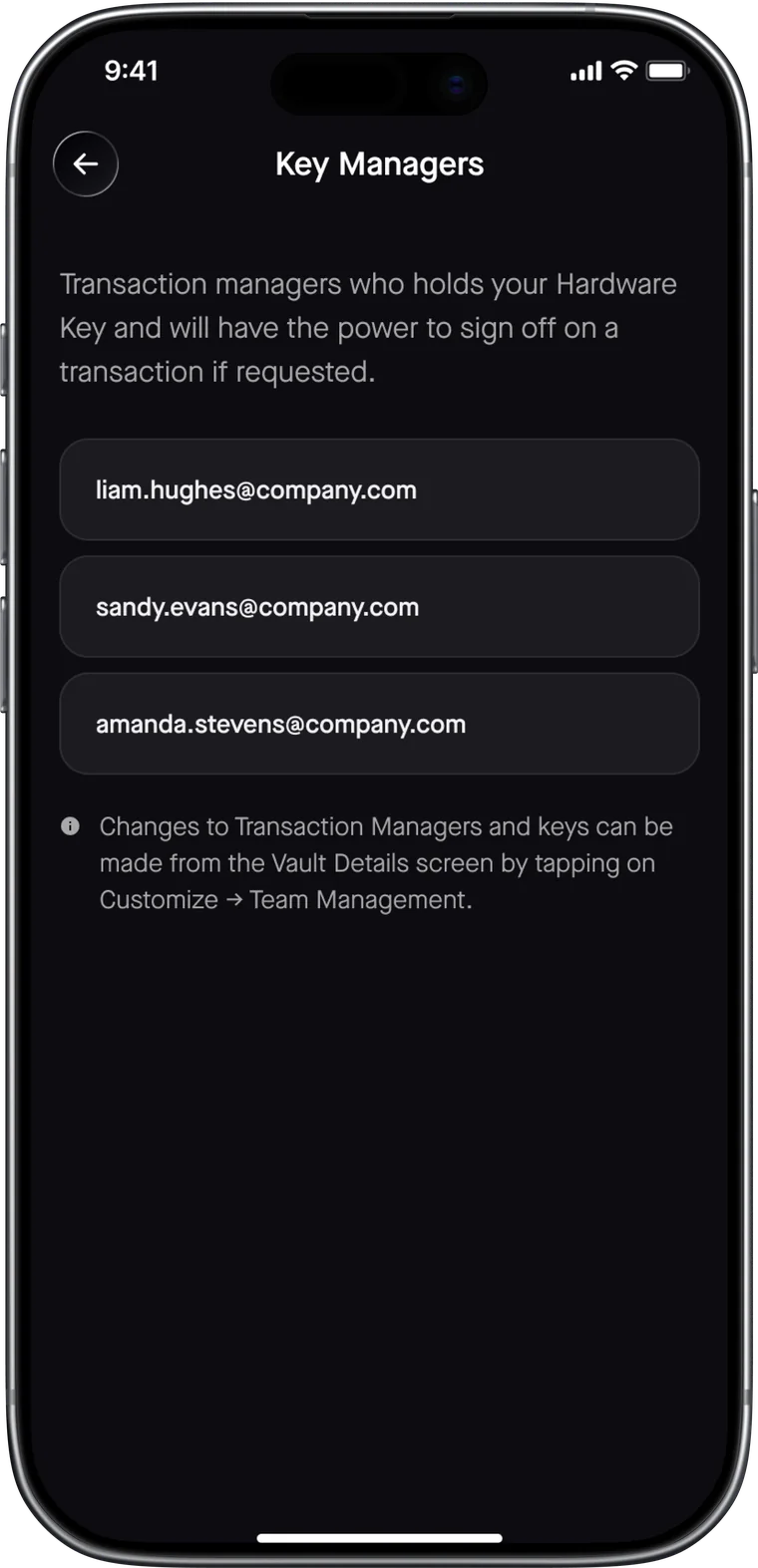The Casa app's Key Managers screen