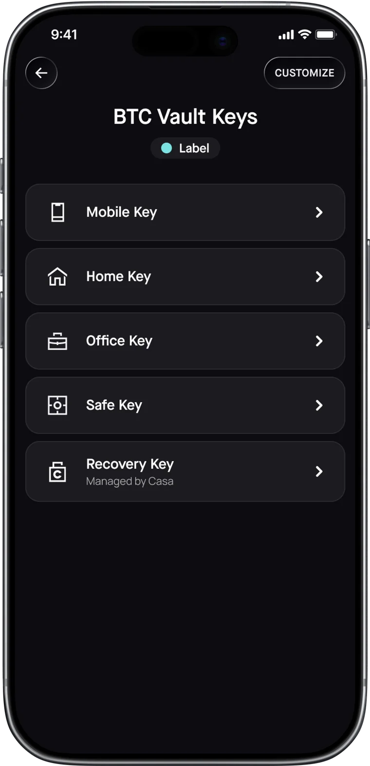 The Casa app's BTC Vault Keys screen